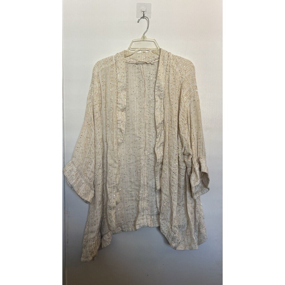 Soft Surroundings Beige Gold Sequin Knit Kimono Jacket Blouse 3X 3/4 Sleeve